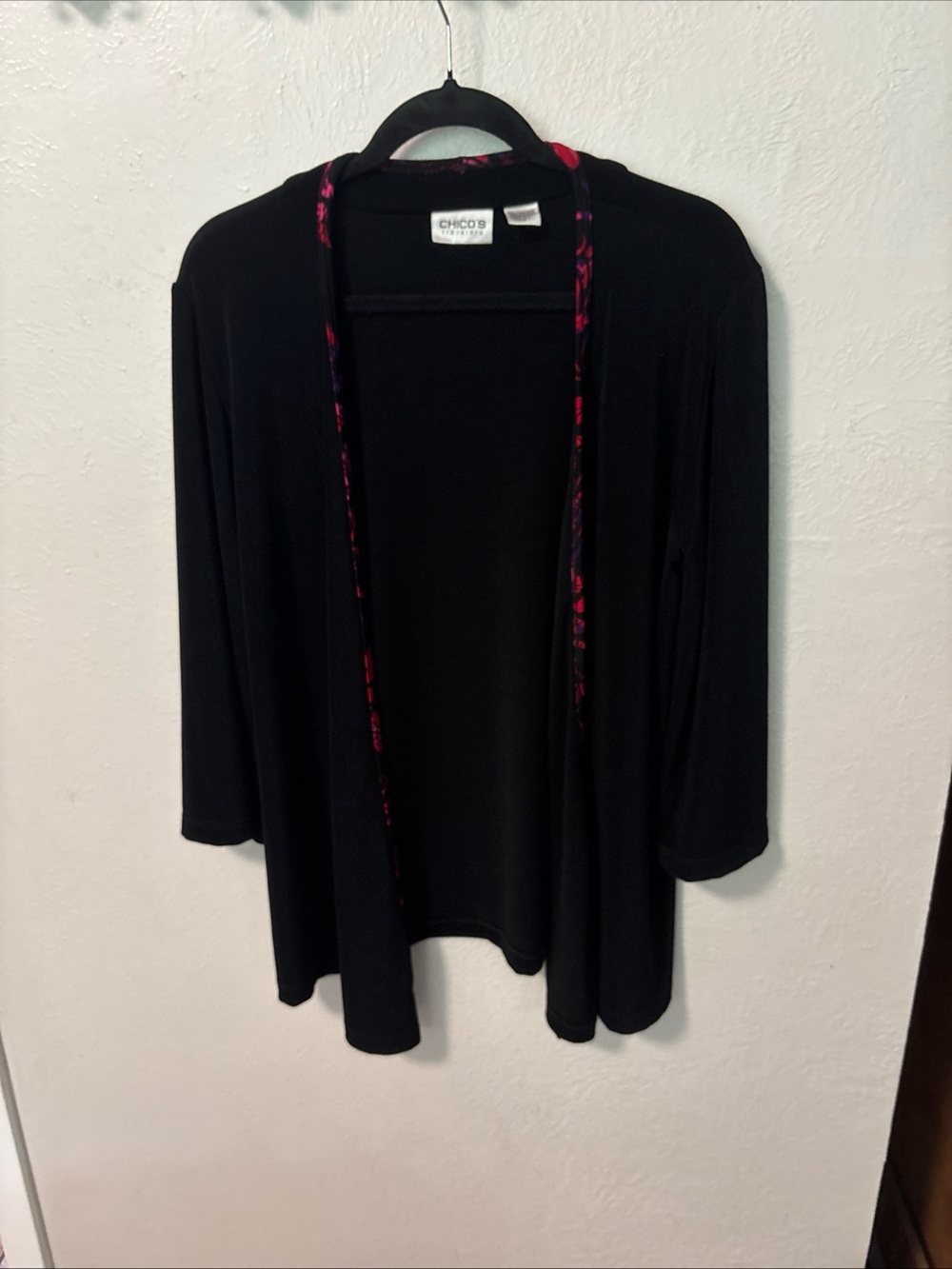 Chico's Black Open-Front Cardigan with Pink Accent Trim